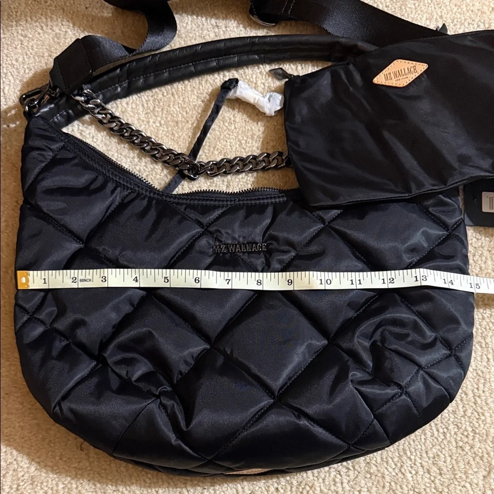 MZ Wallace Quilted Black Nylon Hobo with Silver Chain Accent